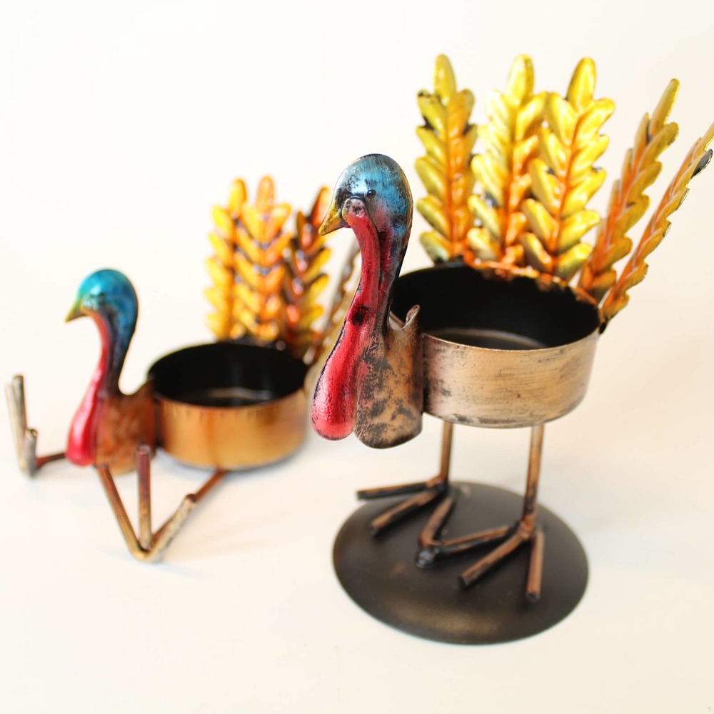 Thanksgiving Turkey Tea Light Candle Holder Set Fall Rustic Metallic Set of 2